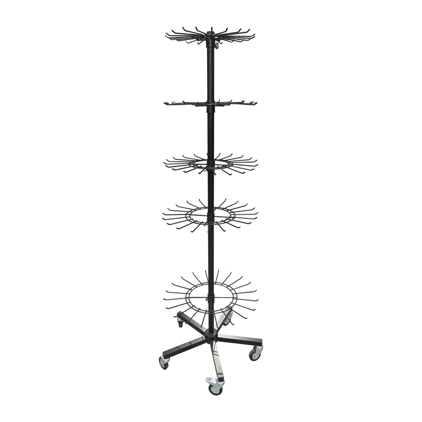 Espositore girevole a 5 ripiani con ganci struttura con ruote