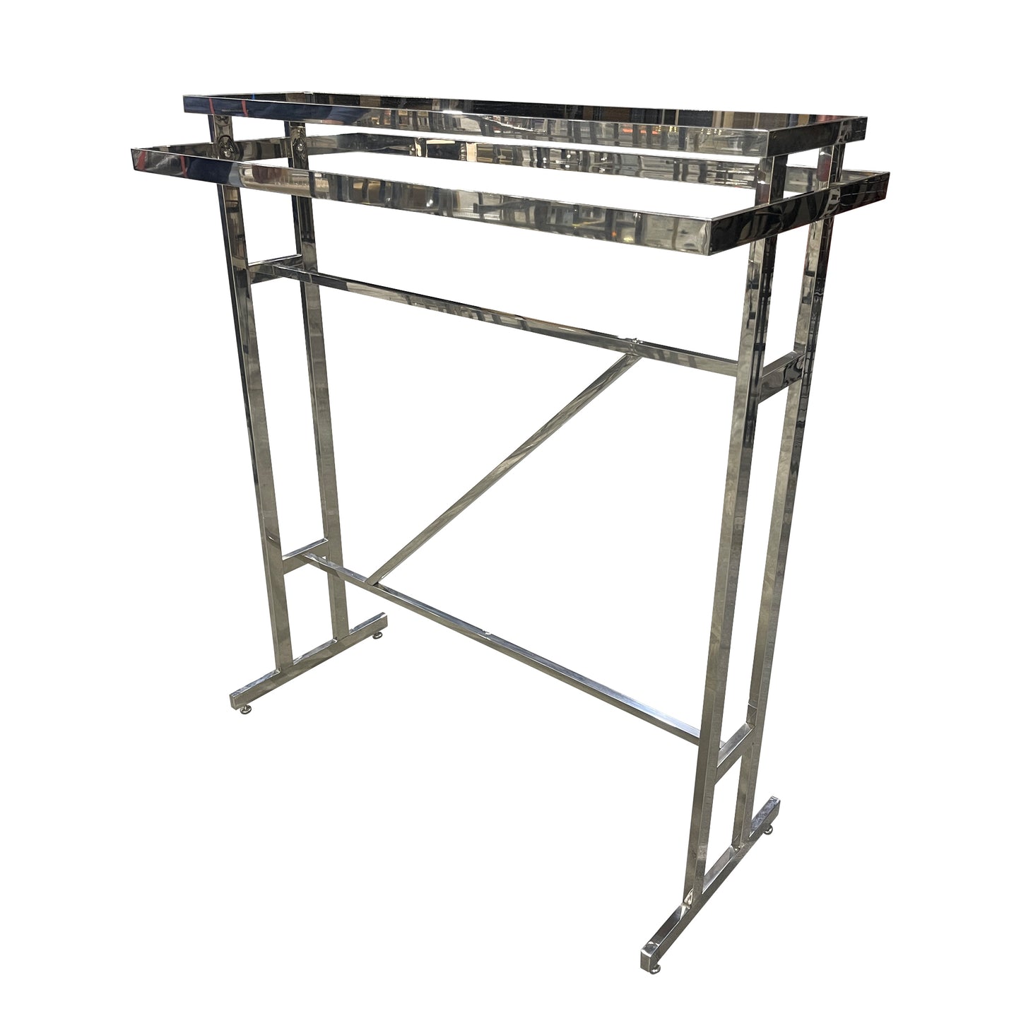 Espositore abbigliamento a 2 lati in acciaio inox con mensola